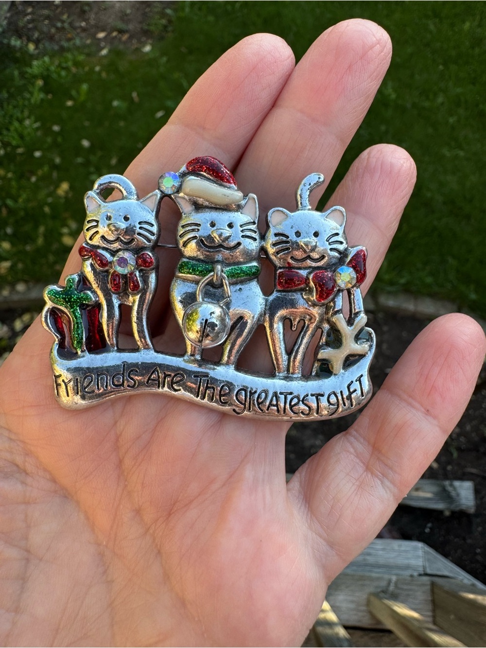 Festive Cat Friends Brooch - Silver with Red & Green Accents